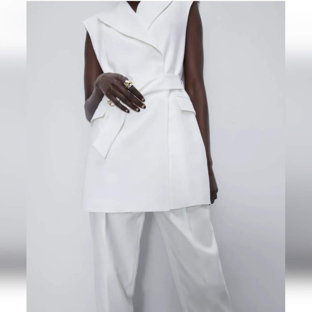 ZARA Long V-neck white vest dress with belt size L - Picture 9 of 14
